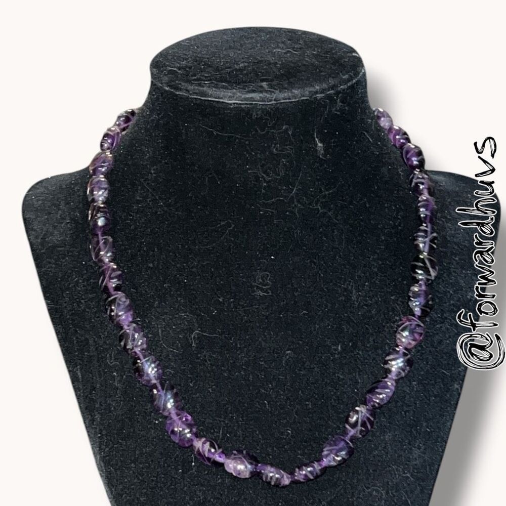Vintage Carved Amethyst Gemstone Bead Necklace Purple 18” Silver Tone Clasp - Picture 4 of 8